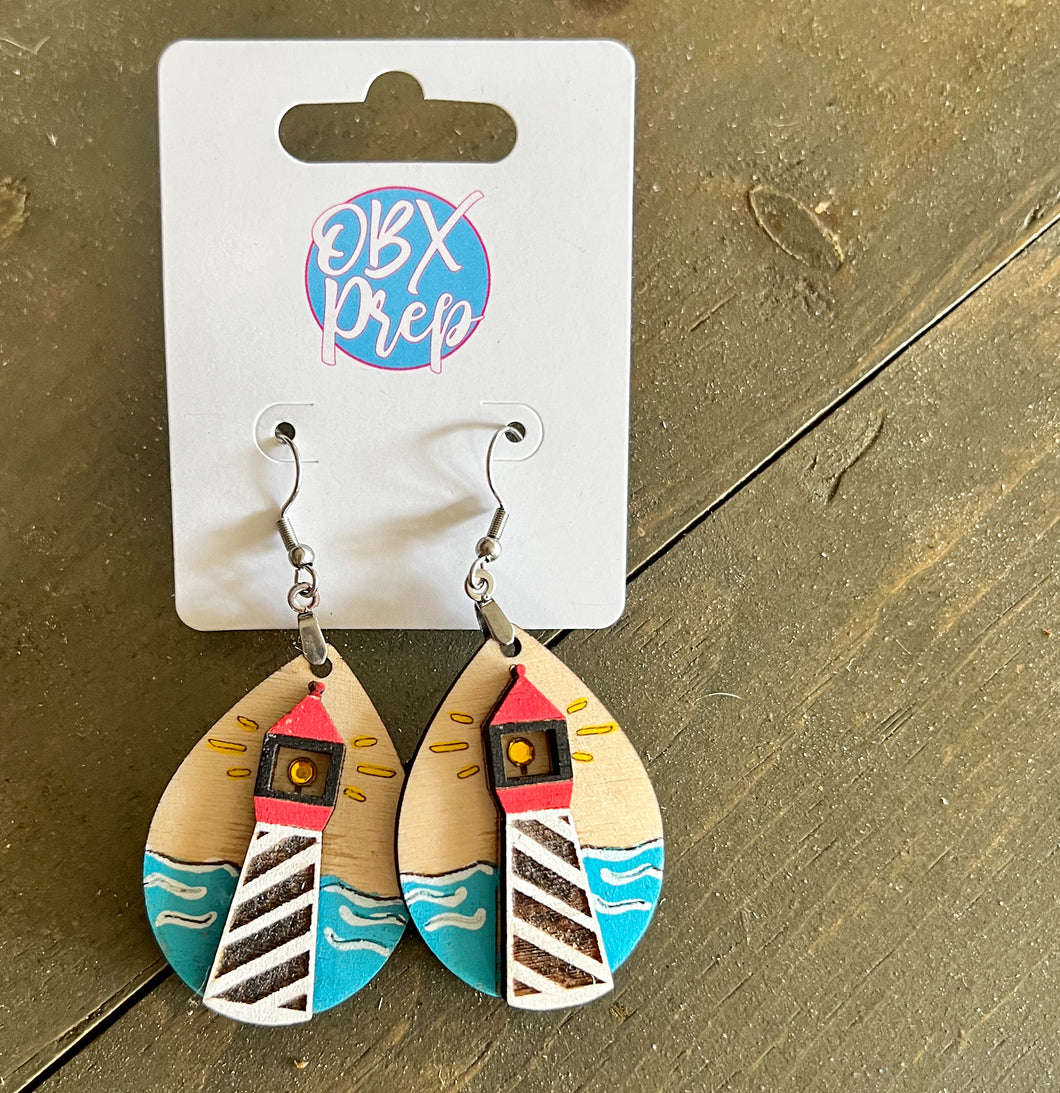 Hand Painted 3D Lighthouse Dangle Earrings - OBX Handmade Coastal Jewelry