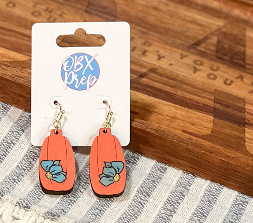 Hand-Painted Pumpkin & Blue Flower Earrings – OBX Handmade