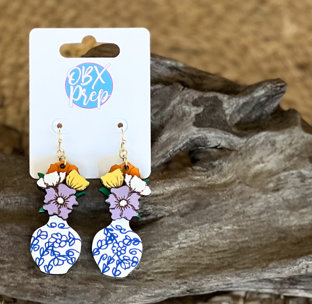 Hand-Painted Chinoiserie Vase Earrings with 3D Flowers – OBX Handmade