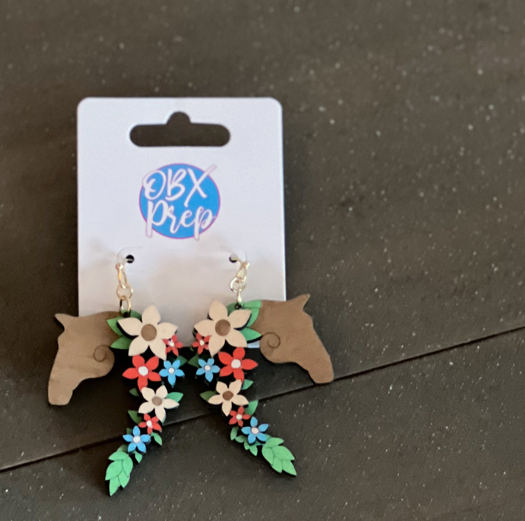 Corolla Pony-Inspired Horse Head Earrings – Hand-Painted Birch Wood with Floral Mane – OBX Handmade Dangle Earrings