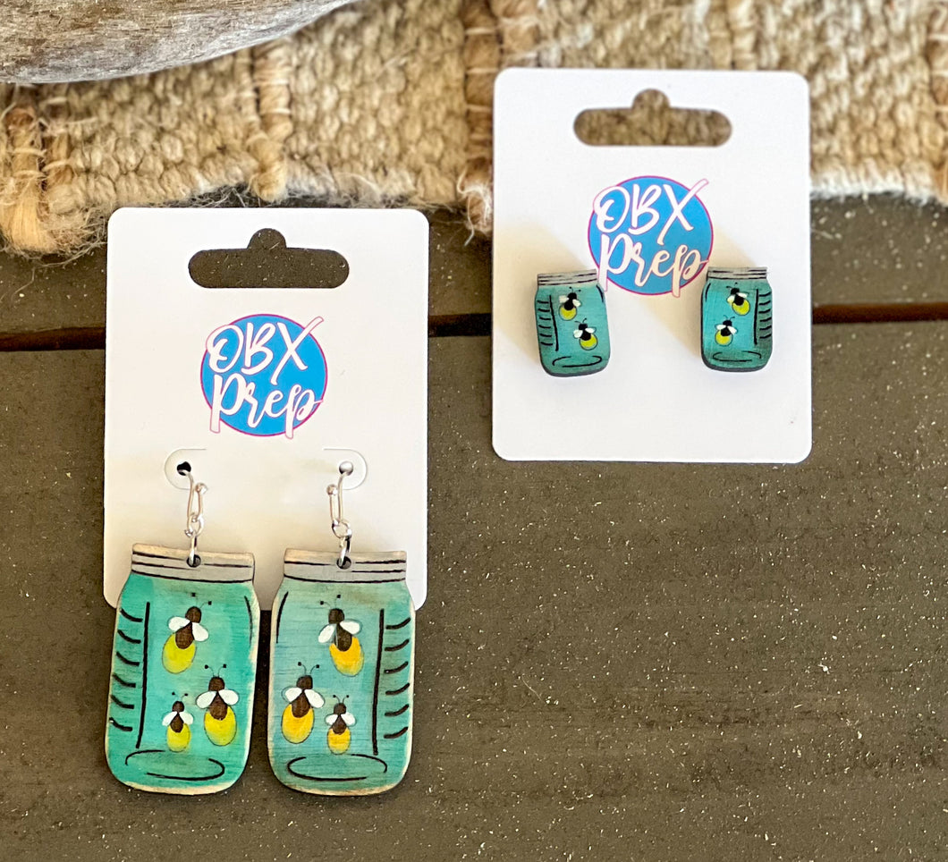 Firefly Jar Earrings – Hand-Painted Birch Wood in Stud or Dangle