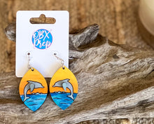 Dolphin Sunset Earrings – Hand-Painted 3D Birch Wood