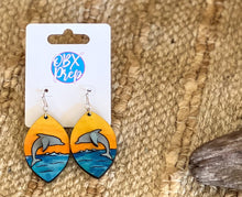 Dolphin Sunset Earrings – Hand-Painted 3D Birch Wood