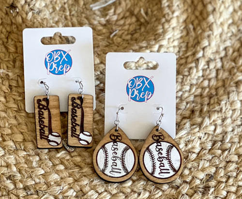Retro Baseball Engraved Earrings – Hand-Painted Birch Wood
