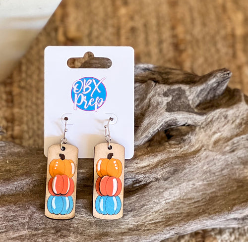 Stacked Pumpkin Dangle Earrings – Hand-Painted Birch Wood