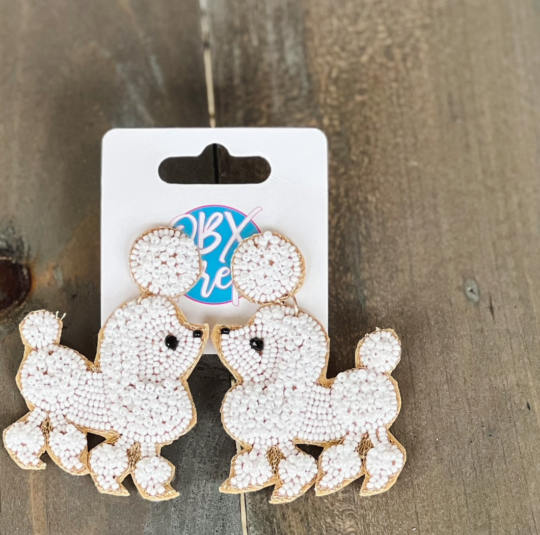 White Poodle Beaded Dangle Earrings - OBX Prep