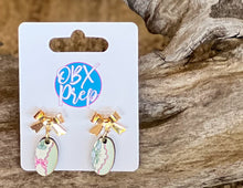 Lobster Coquette Earrings – Gold Bow + Soft Blue Print