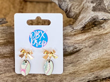 Lobster Coquette Earrings – Gold Bow + Soft Blue Print