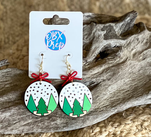 Winter Wonderland Birch Earrings – Hand Painted with Red Bow Topper