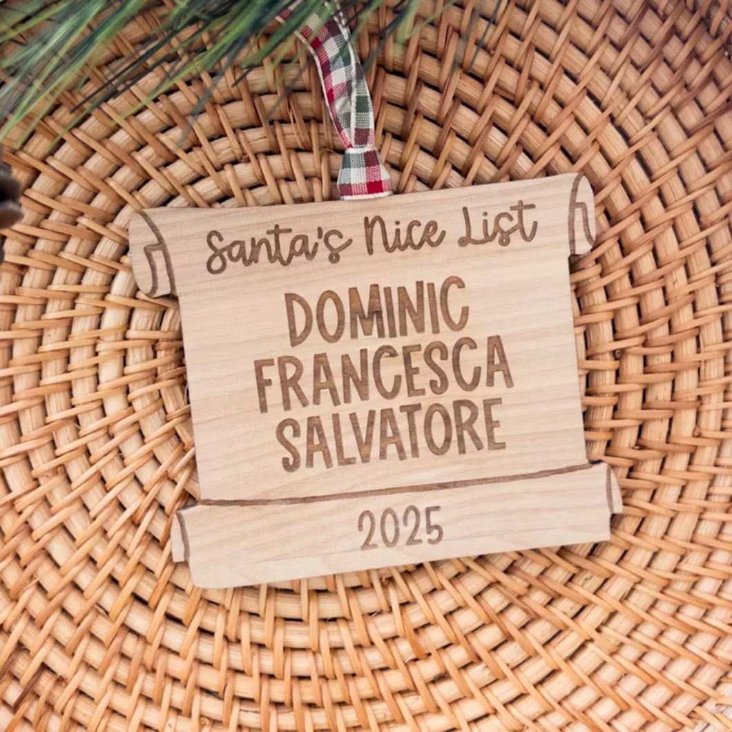 Personalized Santa's Nice List Custom Names Wood Family Christmas Ornament