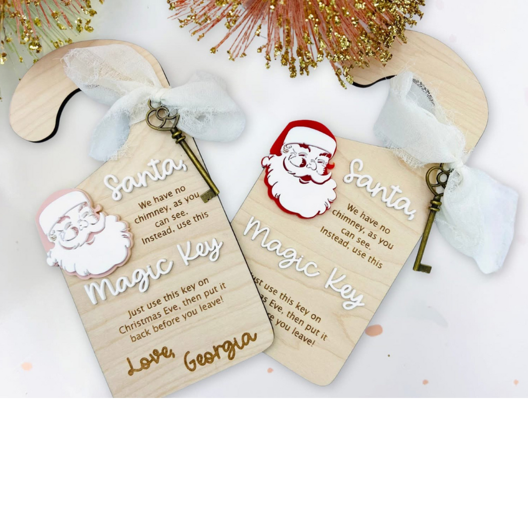 Santa’s Magical Key Door Hanger | Hand Painted Baltic Birch | Personalized Santa Key with Poem | No Chimney Santa Key Sign | Pink or Red Hat