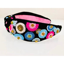 Pink and Blue Embroidered Seed Beaded Top Knot Headband with Rhinestones - OBX Prep