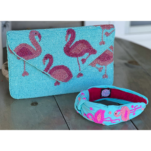 Flamingo Turquoise Seed Beaded Clutch Bag - OBX Prep