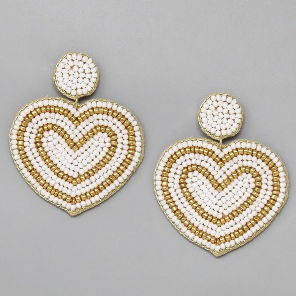 White Heart with Gold Stripe Shape Seed Bead Drop Earrings