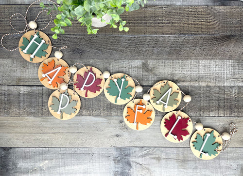 Happy Fall Birch Wood Banner – Hand Painted Autumn Garland with Beads & Twine