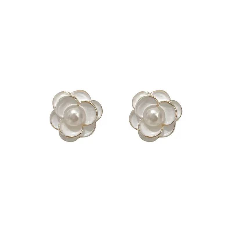 White Camellia Sterling Silver Gold Plated Enamel Studs with Faux Pearls S Pre-Order