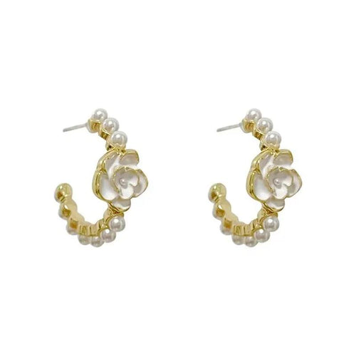White Camellia Faux Pearl Hoop Earrings. Pre-Order