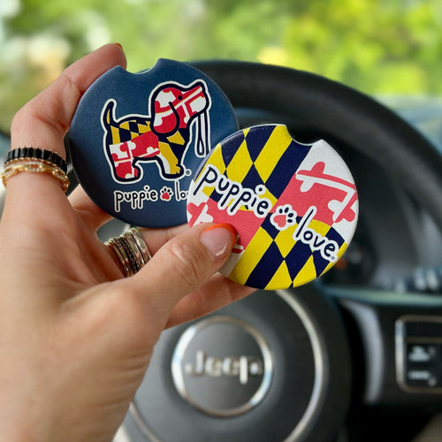 Puppie Love Maryland Flag Pup Ceramic Car Coasters
