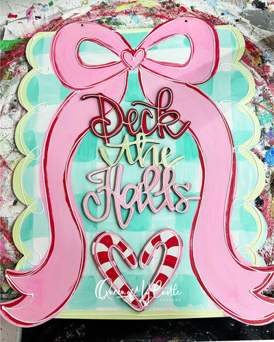 Hand-Painted Mint & White Striped Door Hanger – “Deck the Halls” 3D Christmas Decor with Pink Bow & Candy Cane Heart – OBX Handmade