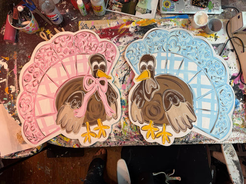 Hand-Painted Thanksgiving Turkey Door Signs – Birch Wood Fall Decor, Pink & Blue Plaid/Chinoiserie Feathers – OBX Handmade