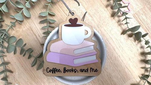 Hand Painted Coffee Books and Me Birch Christmas Ornament or Car Charm