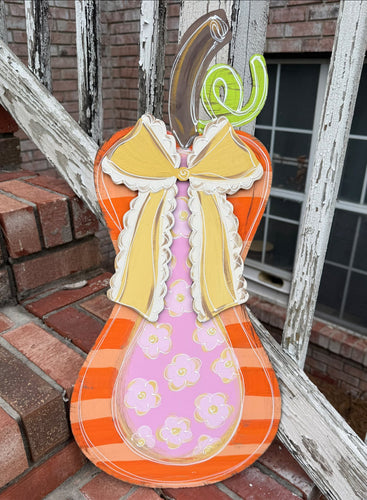 Cottagecore Pumpkin Door Hanger | Hand Painted Fall Gourd Sign with Vintage Bow | 18