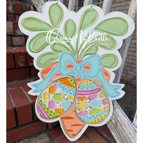 Hand Painted Easter Door Hanger – Cottagecore Carrot & Eggs Sign