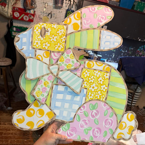Patchwork Easter Spring Bunny Rabbit Hand Painted Door Hanger Sign