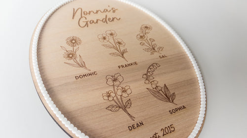 Personalized Grandma Garden Sign | Birth Month Flowers + Established Date | Scalloped Acrylic Frame