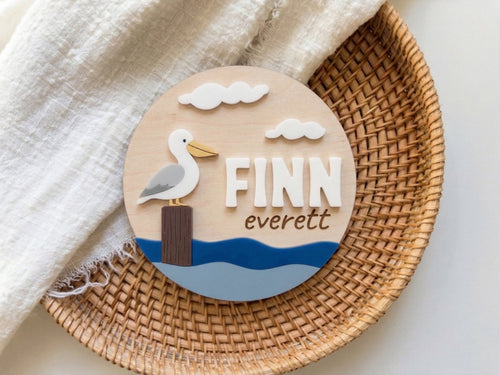 Personalized Coastal Nursery Name Sign | Pelican Beach Theme | Baby Boy Room Decor