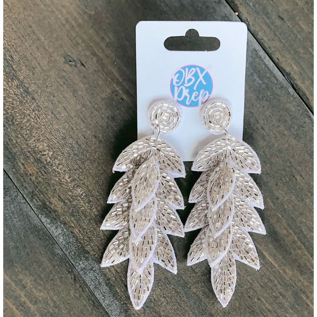 Long Ivory Leaf Drop Earrings Featuring Beaded Accents - OBX Prep
