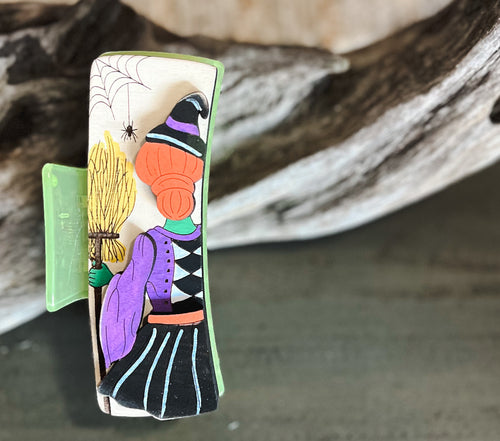 Witch with Broom Hand Painted Wood Hair Claw Clip