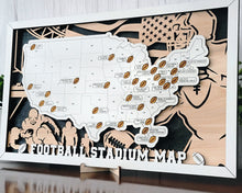 Stadium Series Football Stadium Travel Map – 18" x 10" Engraved Wooden US Map with Customizable Nameplate