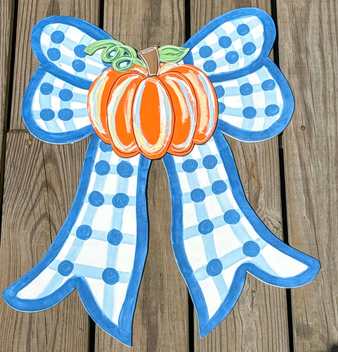 Preppy Bow with Pumpkin Fall Hand Painted Door Sign.