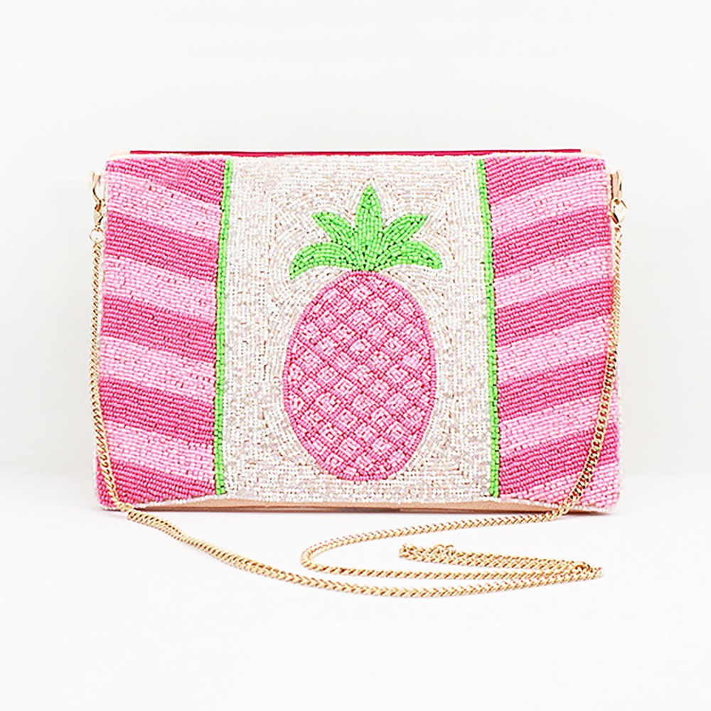 Pink And Silver Pineapple Hand Made Beaded Canvas Handbag - OBX Prep