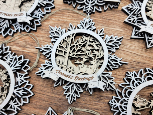 Handcrafted Winter Wonderland Ornaments | Layered Baltic Birch & Pattern Ply Snowflakes | Christmas Tree Décor with Santa, Snowman, Nativity & More