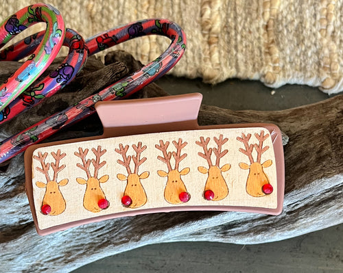 Santa's Reindeer Christmas Hair Claw Clip – Hand-Painted Wooden Design (4 Inches)