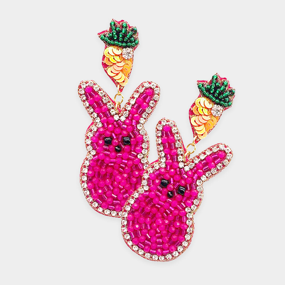 Peeps Sequin Beaded Carrot Easter Bunny Dangle Earrings - OBX Prep