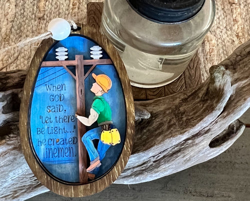 Lineman Hand Painted Wood Christmas Tree Ornament.