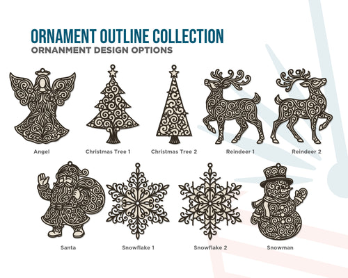 Handmade Outline Christmas Ornaments | Baltic Birch Angel, Reindeer, Santa, Snowflake, Tree & Snowman | Pattern Ply or Stained
