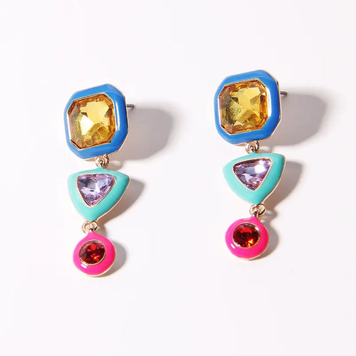 Geometric Bright Color Gemstone and Enamel Dangle Earrings - Pre-order