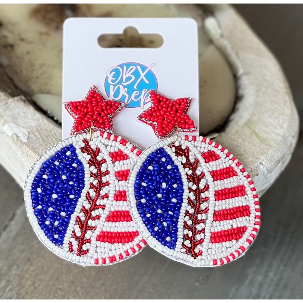Patriotic Baseball Seed Beaded Earrings - OBX Prep