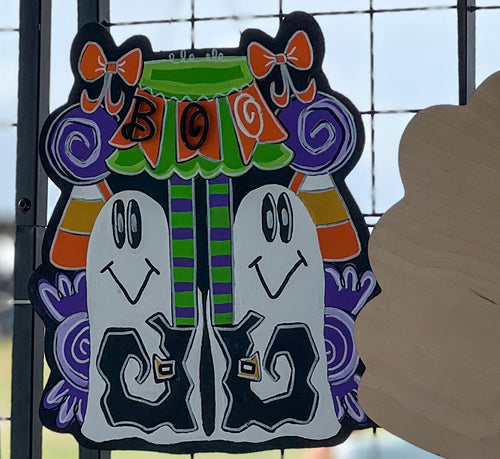 Spooky Whimsy Halloween Door Hanger – Hand-Painted Birch Wood