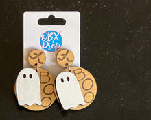 Hand Painted Birch Wood Halloween Earrings – “Boo” Circle Dangles