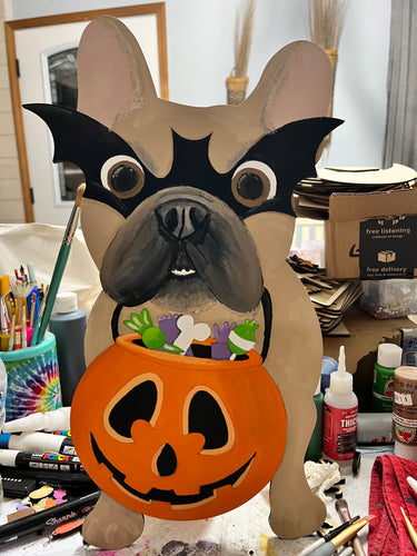 French Bulldog in Bat Mask – Halloween Dog Lover Hand-Painted Birch Door Hanger
