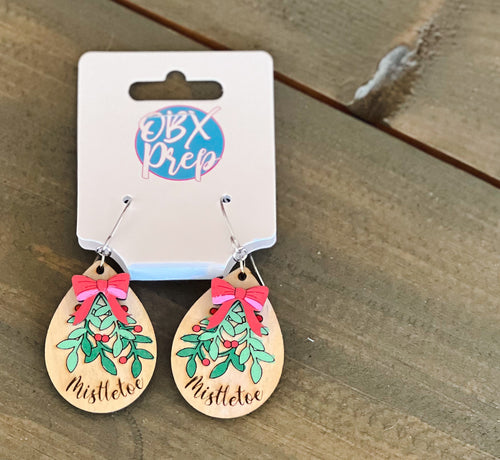 Mistletoe Christmas Hand Painted Wooden Dangle Multi Layer Earrings