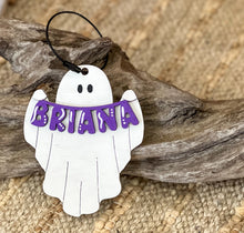 Personalized Ghost Bag Tag – Hand-Painted Birch Wood, Halloween Bucket & Backpack Name Tag, Custom OBX Gift