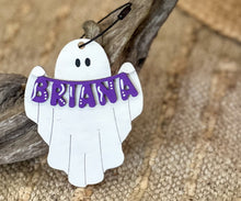 Personalized Ghost Bag Tag – Hand-Painted Birch Wood, Halloween Bucket & Backpack Name Tag, Custom OBX Gift