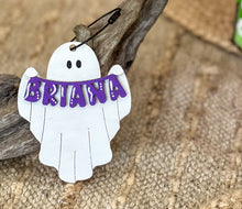 Personalized Ghost Bag Tag – Hand-Painted Birch Wood, Halloween Bucket & Backpack Name Tag, Custom OBX Gift