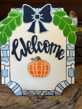 Hand-Painted Mini Welcome Sign – 18” Birch Wood, OBX Handmade, Interchangeable Seasonal Pieces, Chinoiserie Preppy Blue Decor